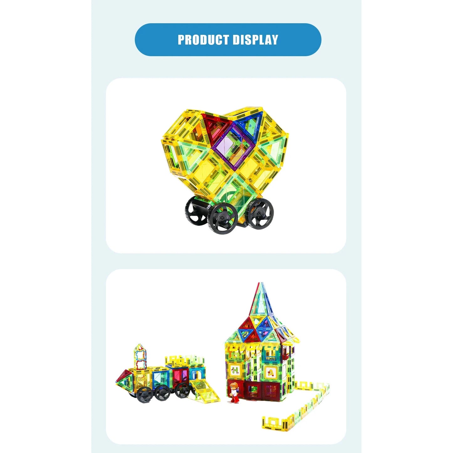 Two images of the Romboss Magnetic Educational Architecture Puzzle show colorful building block toys: a heart on wheels, a train, and a house with a pointed roof. Set against a light blue Product Display background, these toys inspire endless creativity and STEM learning adventures.