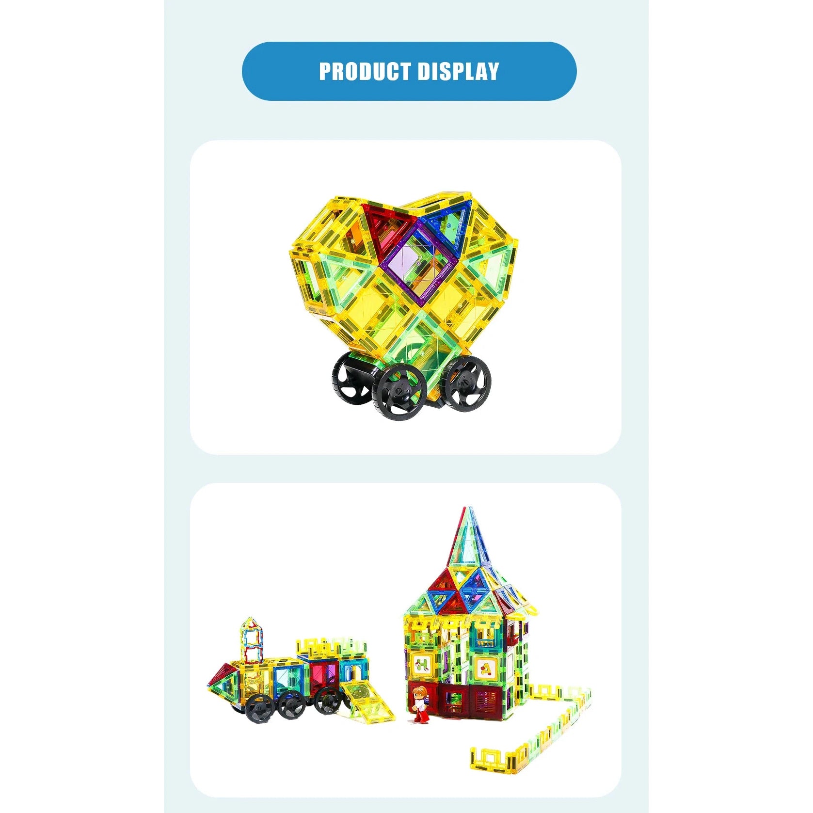 Two images of the Romboss Magnetic Educational Architecture Puzzle show colorful building block toys: a heart on wheels, a train, and a house with a pointed roof. Set against a light blue Product Display background, these toys inspire endless creativity and STEM learning adventures.