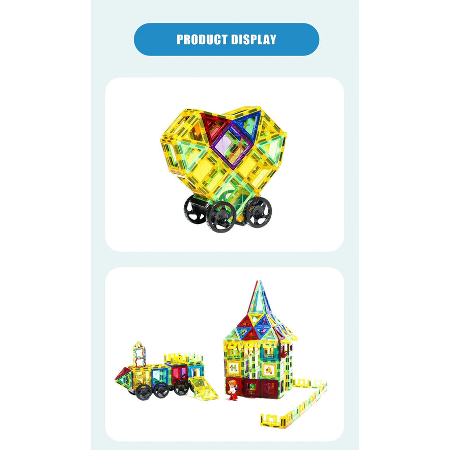 Two images of the Romboss Magnetic Educational Architecture Puzzle show colorful building block toys: a heart on wheels, a train, and a house with a pointed roof. Set against a light blue Product Display background, these toys inspire endless creativity and STEM learning adventures.