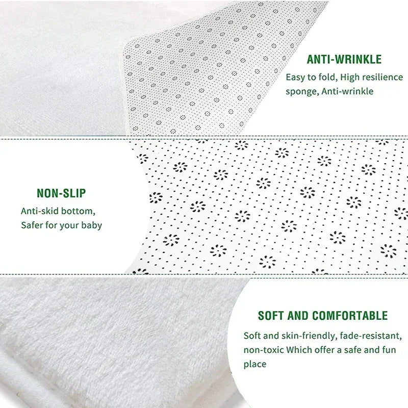 Close-up of the Hopscotch Printing Carpet, a white textured polyester mat with a non-slip dotted bottom. Anti-wrinkle, soft, and comfortable—safe and skin-friendly for babies. Ideal for bedroom, living room, balcony, bathroom, kitchen, or doorway.