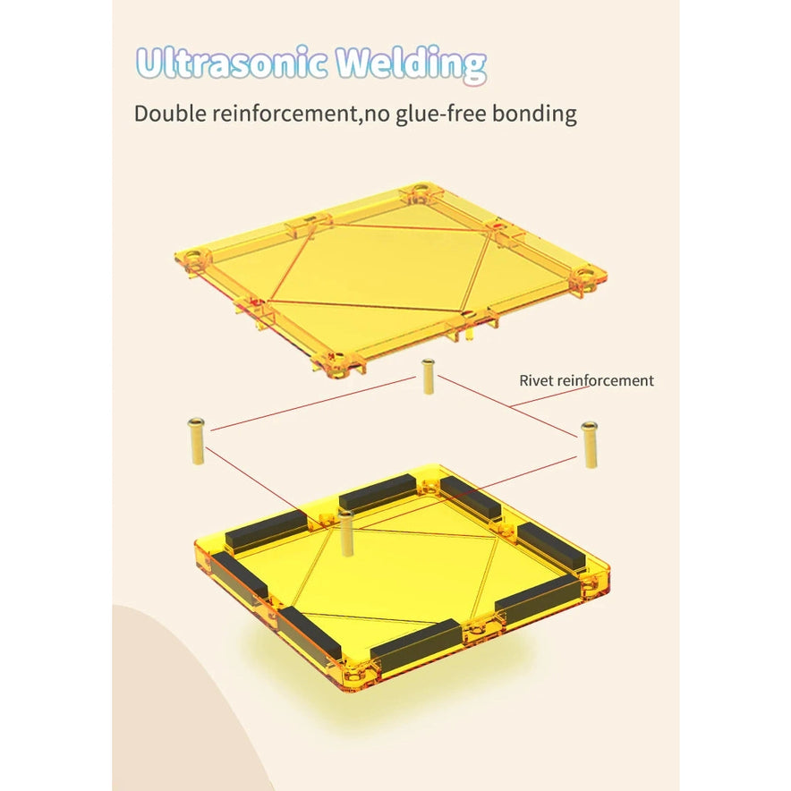 Illustration of ultrasonic welding with two yellow panels: the top has flat lines, the bottom features rivet reinforcements. Text: Ultrasonic Welding: Double reinforcement, glue-free bonding. Ideal for fine motor skills in Magnetic Building Blocks with Cars - 3D Educational Set for Kids Ages 3-8.