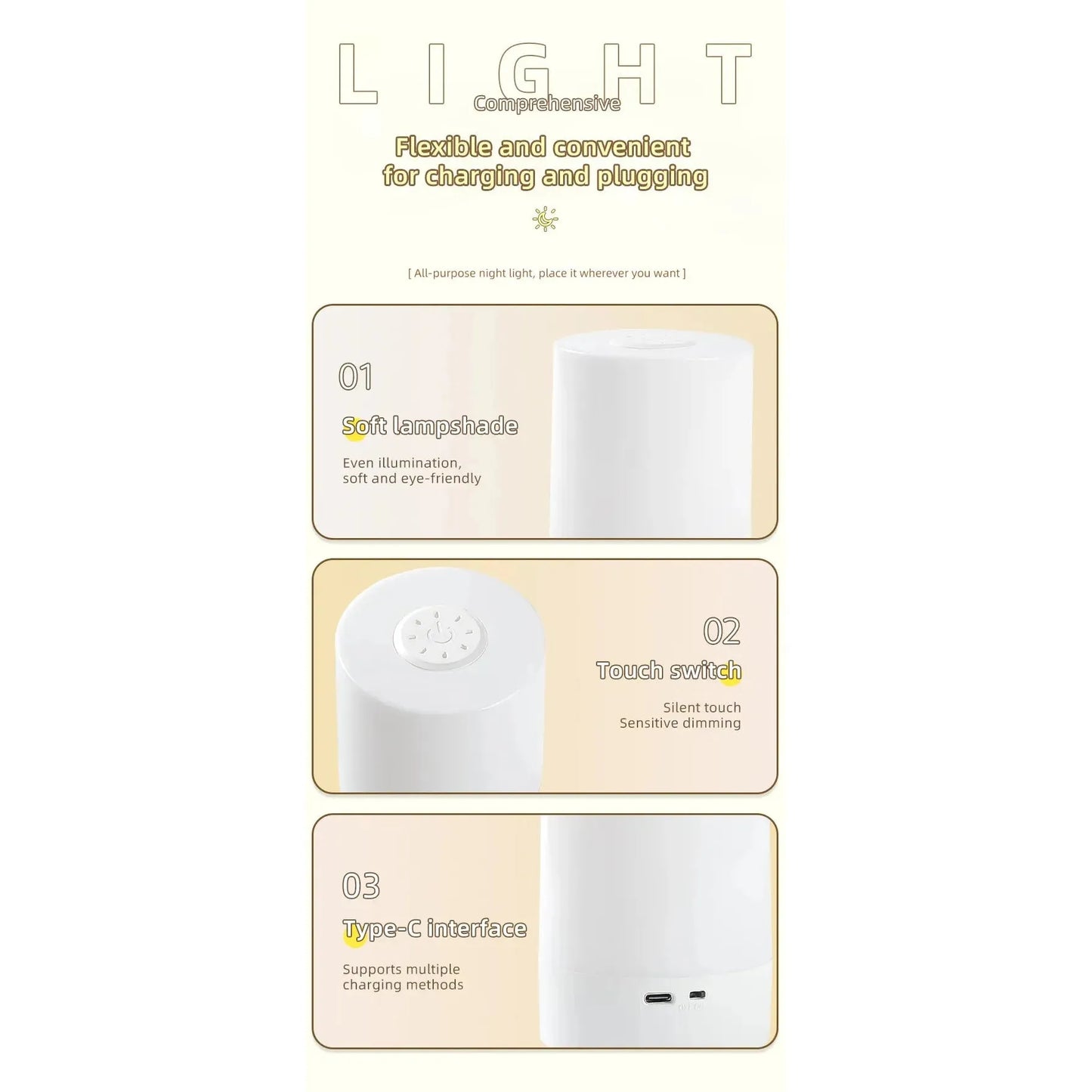 Vertical ad highlighting the Rechargeable Dimmable Touch LED Night Light with a soft lampshade, touch dimming switch, and versatile Type-C charging. This USB table lamp is perfect for bedroom decor and makes an ideal Christmas gift for kids.