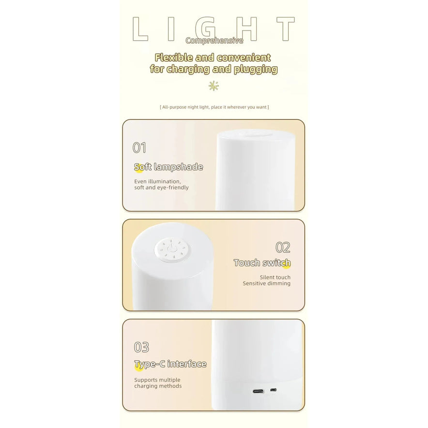 Vertical ad highlighting the Rechargeable Dimmable Touch LED Night Light with a soft lampshade, touch dimming switch, and versatile Type-C charging. This USB table lamp is perfect for bedroom decor and makes an ideal Christmas gift for kids.