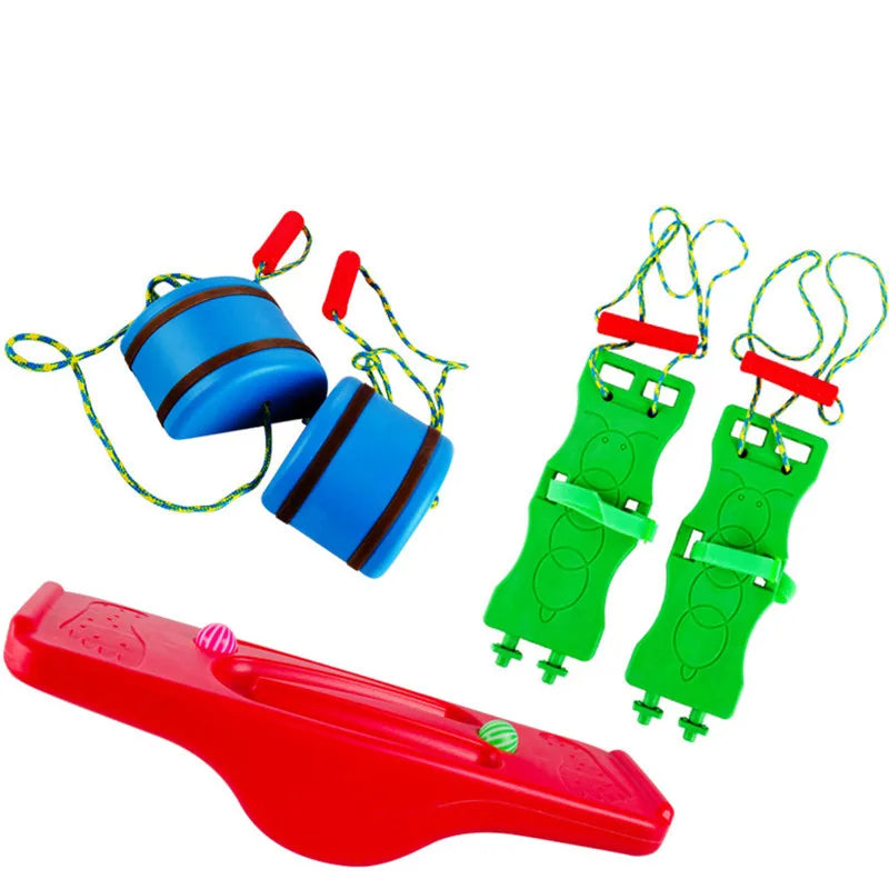 Colorful childrens play equipment: a blue balance bouncer with ropes for sensory training, a green two-piece climbing hold set with red handles, and an Interactive Outdoor Balance Board Seesaw in red for kids—perfect as an outdoor toy.