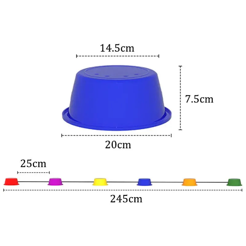 The Montessori Colorful Balance Stones for Sensory Play and Developmental Training feature a blue plastic dome with a top diameter of 14.5 cm, bottom diameter of 20 cm, and height of 7.5 cm, with red, yellow, blue, orange, and green dots spaced evenly along a 245 cm line for sensory integration.