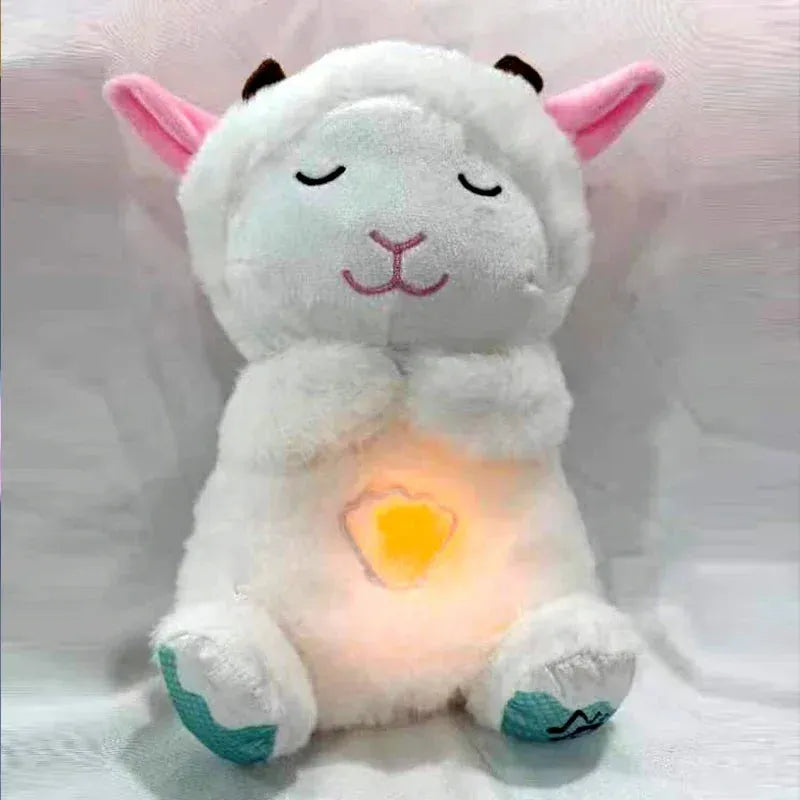 The Soothing Otter Musical Plush Toy for newborns resembles a cute lamb with closed eyes, a gentle smile, pink ears, small brown horns, and a glowing yellow belly patch. It provides soothing sounds, light features, and has patterned light green feet against soft white fabric.