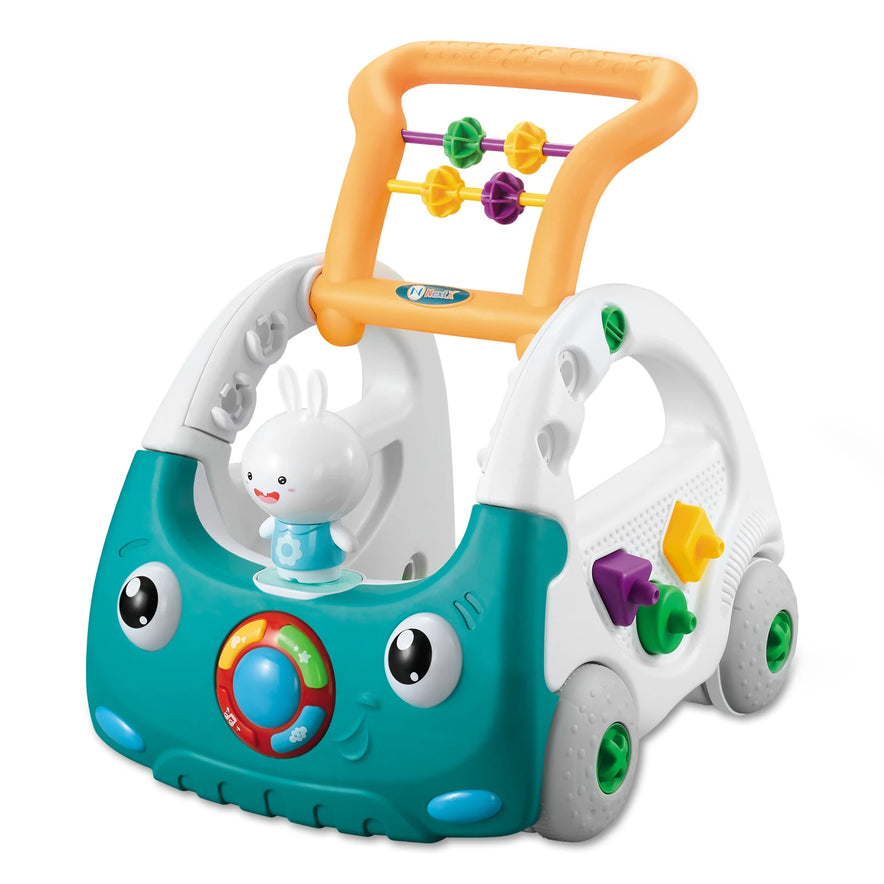 The EDUCIRO 4-in-1 Baby Walker for Boys and Girls is a car-shaped sit-to-stand walker with a smiling bunny, activity shapes, bead sliders, large front eyes, an orange handle, and includes a musical tank toy for extra fun.