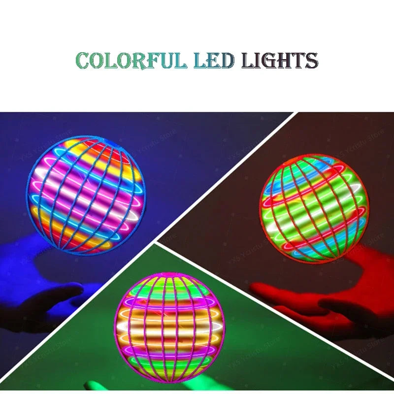 A collage features the Magic Flying Ball Mini Toy with vibrant blue, green, red, and yellow LED lights hovering above hands. Magic Flying Ball is displayed atop, highlighting the automatic obstacle avoidance UFO boomerang spinner.