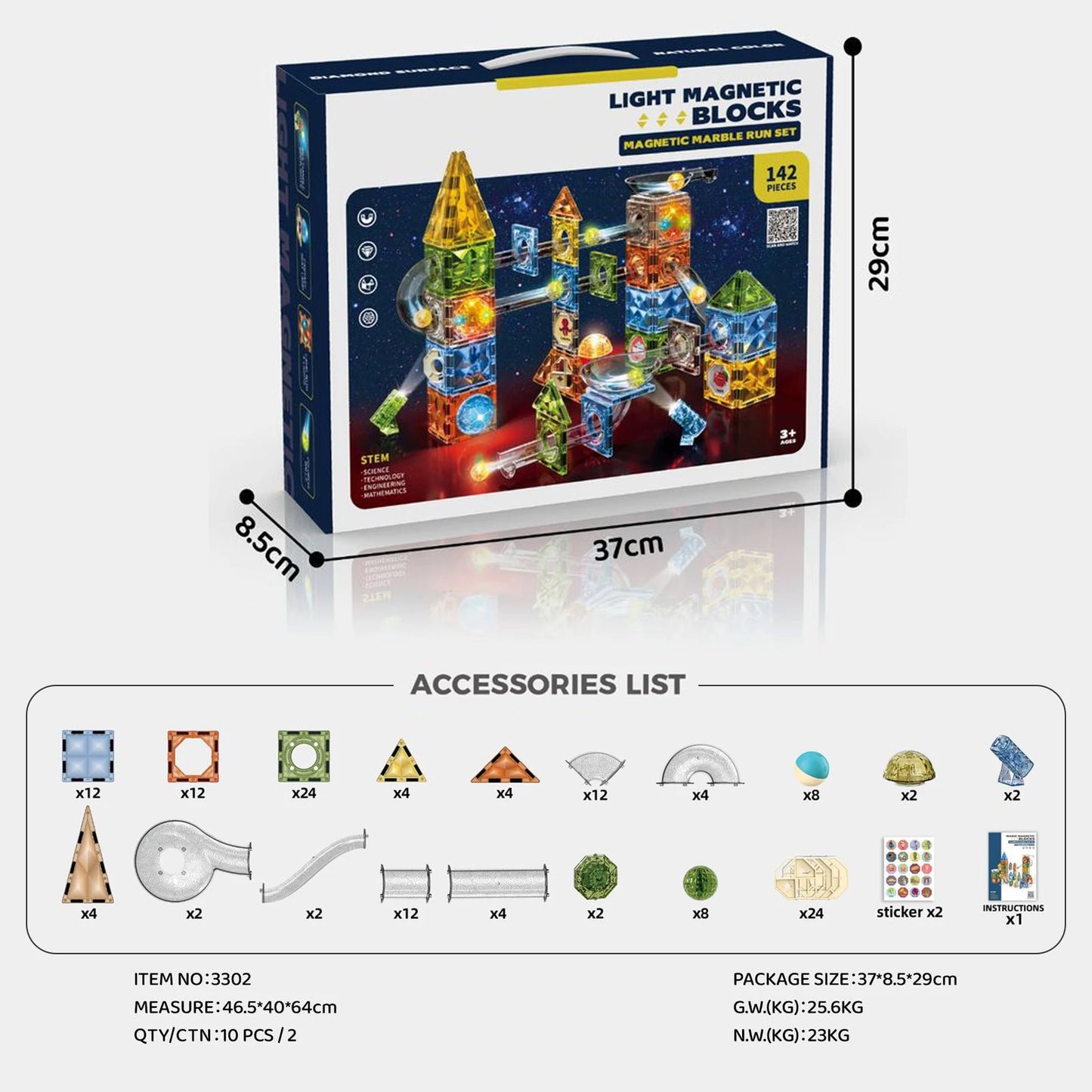 Explore the Magnetic Marble Run Building Blocks Set, a colorful STEM toy with 142 pieces including triangles, squares, and castle elements. All components fit perfectly in a 37cm x 29cm x 8.5cm box, ideal for creative learning and development.