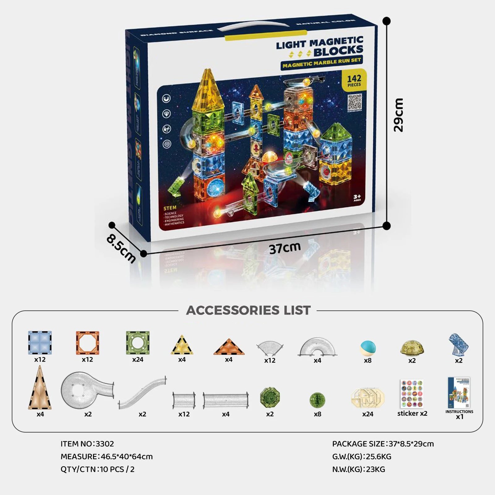 Explore the Magnetic Marble Run Building Blocks Set, a colorful STEM toy with 142 pieces including triangles, squares, and castle elements. All components fit perfectly in a 37cm x 29cm x 8.5cm box, ideal for creative learning and development.