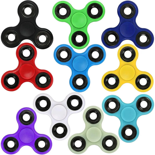 The Premium ABS Tri-Spinner Fidget Toy, perfect for stress relief and great for autism-friendly use, features a collection of nine vibrant colors: black, green, blue, red, light blue, yellow, purple, white, and teal. Each spinner has a three-arm design with circular bearings.