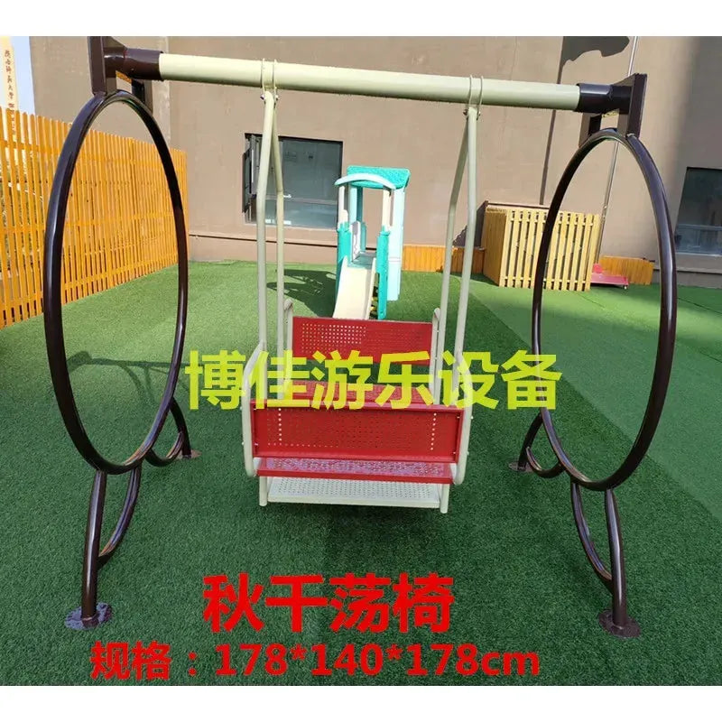 An outdoor playset featuring a childrens swing with metal supports sits on green turf. Behind it, a slide with steps and rails offers fun. Overlay includes product details: outdoor toys Childrens swings Climbing nets, suitable for ages 3-8, ideal for unisex physical training and play.