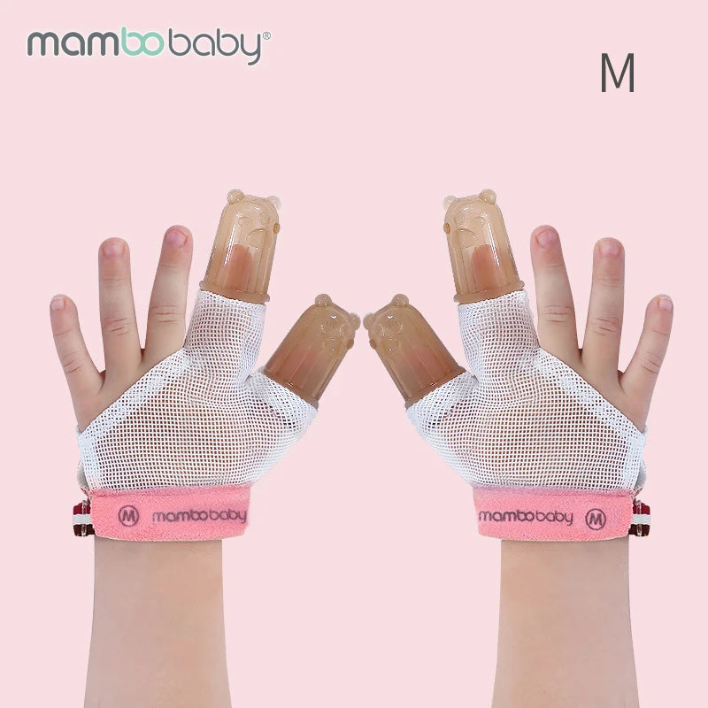Baby hands wear Mambobaby Anti-Nail Biting Gloves with beige bear finger puppets on white mesh, featuring pink mambobaby wristbands. Displayed on a light pink background, the size M is shown in the top right corner.