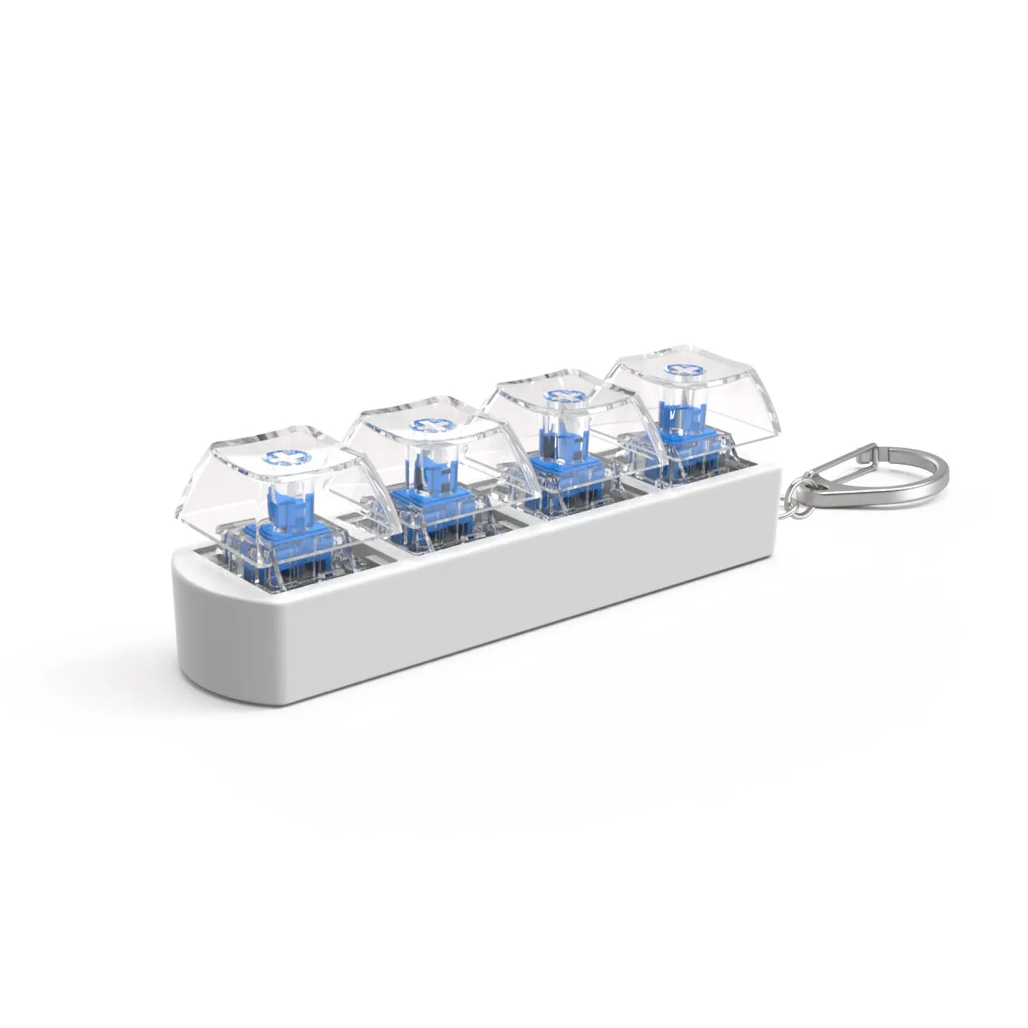 The 4Keys Finger Button Anti Stress Keychain features four blue mechanical keyboard keycaps with clear plastic covers in a row on a clear white base—perfect for office decompression and calming, ideal for kids and adults.