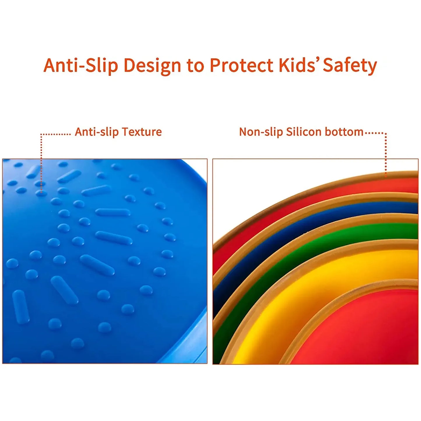 Image depicts a blue disc with anti-slip texture and colorful plastic discs, similar to stepping stones with non-slip silicone bottoms, under text: Anti-Slip Design to Protect Kids Safety. Ideal for creating a fun obstacle course. Product: Kids 5-Piece Outdoor Balance Stepping Stones Set.