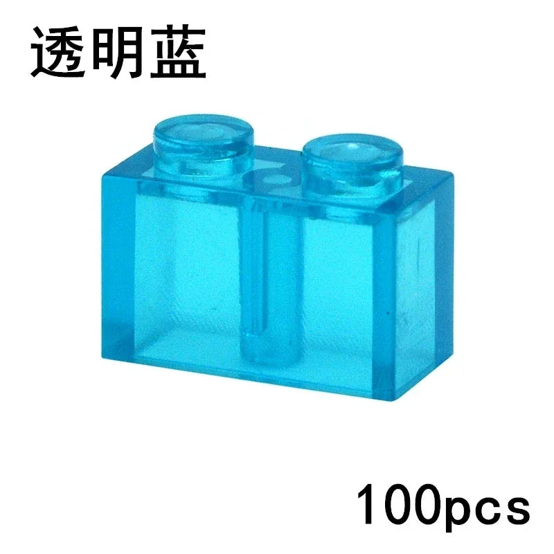 A MOC Transparent Bulk Brick Set piece in clear blue 1x2, compatible with Lego sets. The image features black Chinese characters and “100pcs” text highlighting this building block set on a white background.
