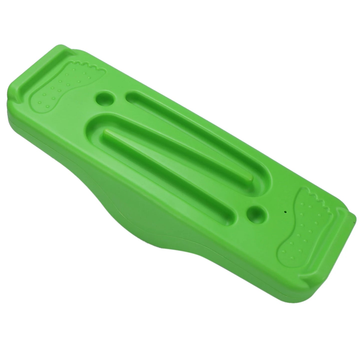 A green plastic Childrens Seesaw and Balance Board with a curved underside features indented foot shapes for sensory development and active play, perfect for balance exercises or physical therapy.