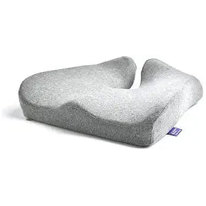 The Cushion Lab Patented Pressure Relief Seat Cushion in gray features a U-shape cutout at the back, made of 100% cotton and memory foam to provide ergonomic support and relieve pressure. Its contoured design is ideal for comfortable long sitting on office/home chairs, cars, or wheelchairs.
