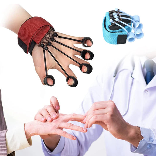 A hand is shown with a red finger stretcher device and elastic loops on each finger, perfect for grip exercises. Separately displayed is a Forearm Grip Strengthener - Hand and Finger Trainer for Enhanced Grip Power in blue. A doctor examines a patients fingers to assess hand strength progress.