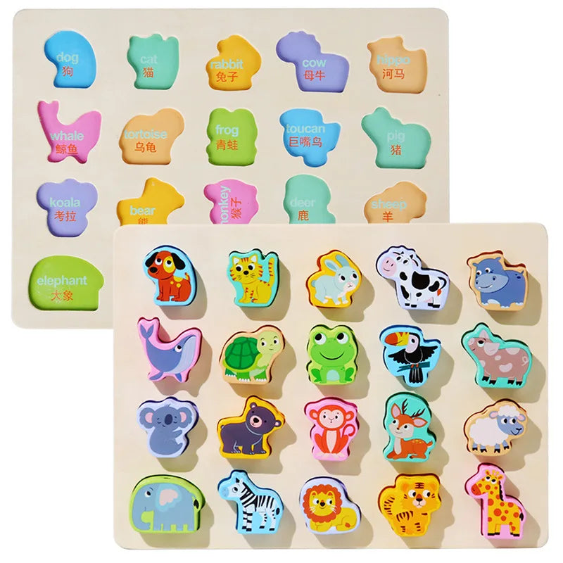 The New Children Wooden Toys Baby DIY Toy features colorful, detachable wooden animal pieces shaped like a dog, cat, elephant, frog, bear, and giraffe. Each piece is labeled in English and another language for educational play.