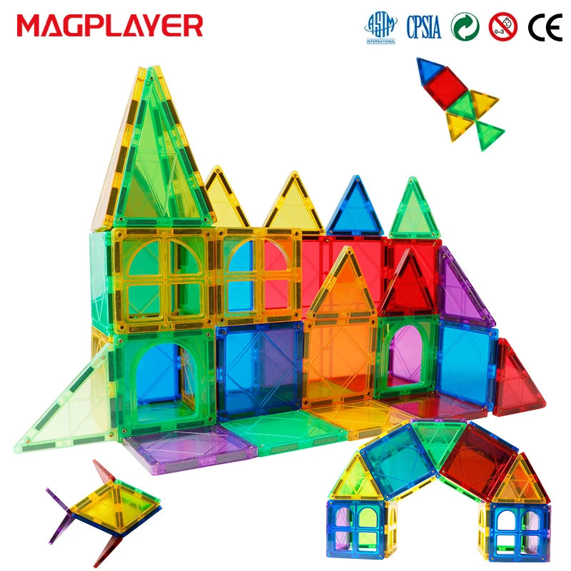 Magplayer Magnetic Construction Blocks for Kids form various structures like towers and arches, supporting STEM learning. The brand name Magplayer is prominent at the top, with loose pieces surrounding these creative setups.