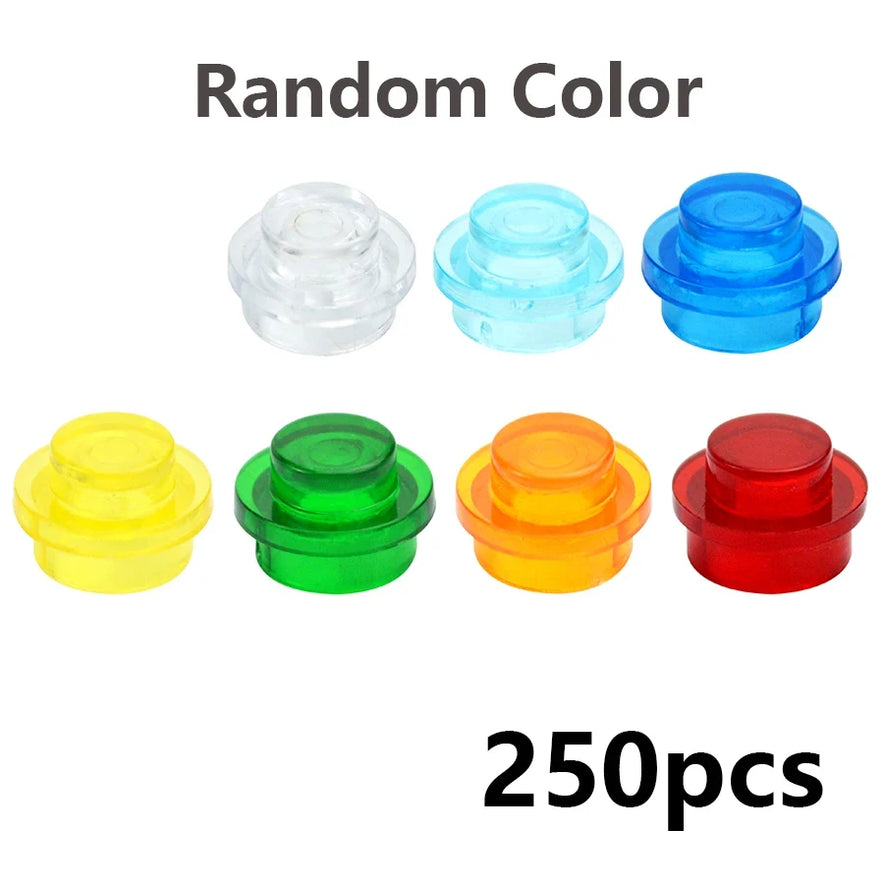 Seven clear, random-color MOC Transparent Bulk Brick Set pieces—1x1, 1x2, 1x4, and 2x4—perfect for wall, panel, or house builds. Compatible with Lego. “Random Color” on top and “250pcs” below; ideal transparent accessory for any collection!.