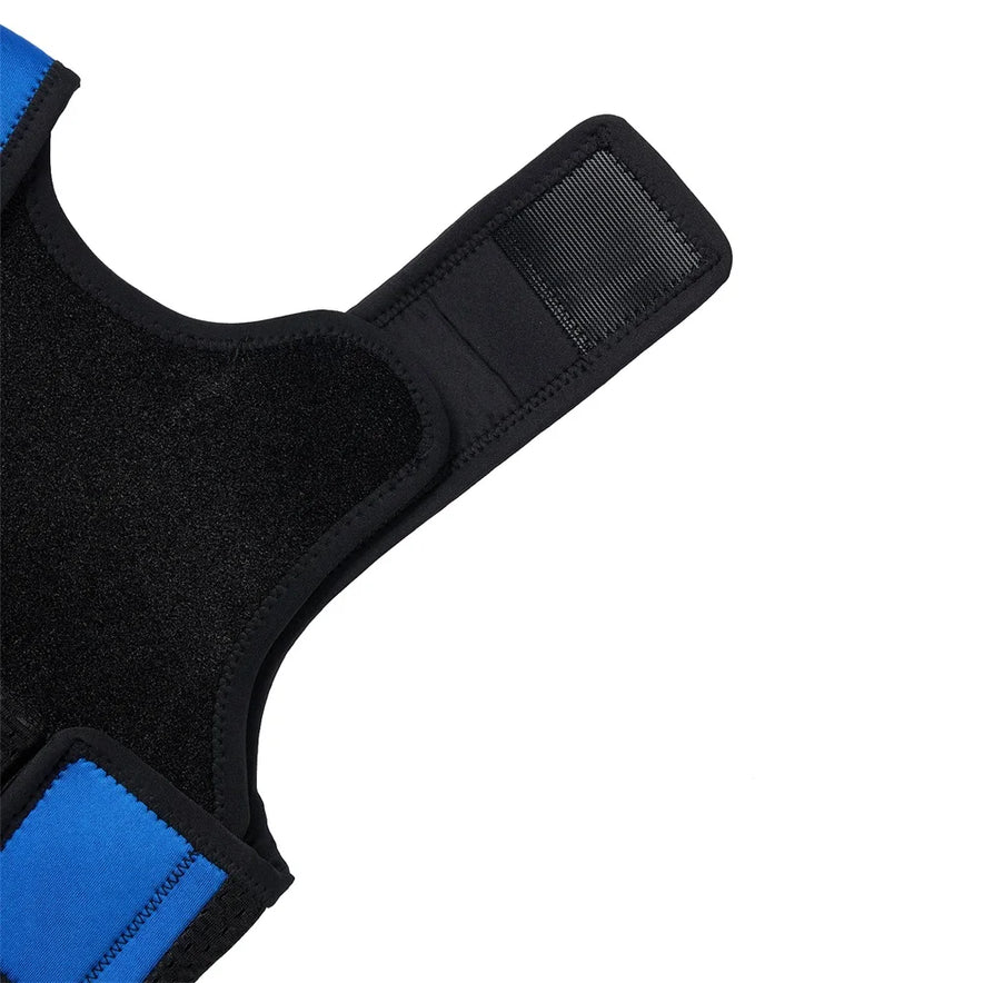 A close-up of the Breathable Adjustable Weight Vest for Kids shows a black and blue Velcro strap designed for stress relief. Made from neoprene, it resembles sports or medical support gear. The blue areas are bordered with black edging, and the Velcro ensures a secure fit.