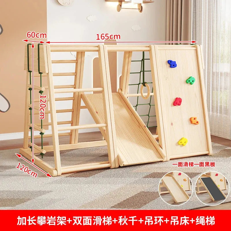 The Indoor Wooden Climbing Frame for Kids features a climbing wall, slide, and ladder. Made from solid wood, it measures 60x120x120 and 165 cm. A red banner with Chinese text decorates the bottom, and its set on a carpeted floor.