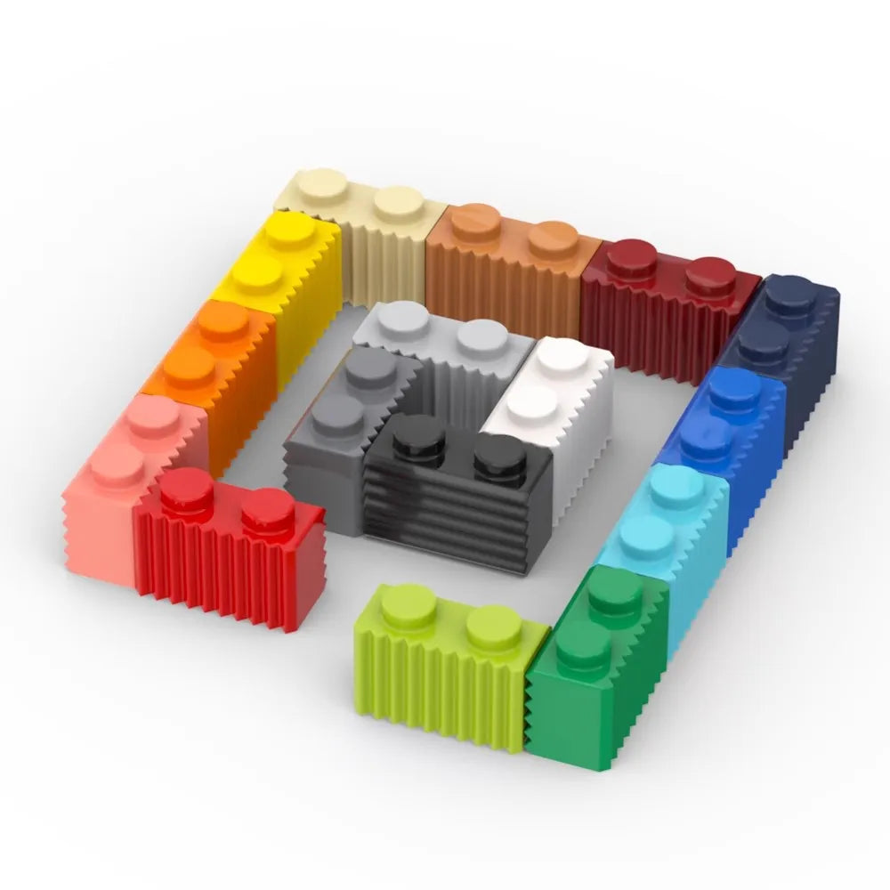 A square frame is built from 50 Pcs MOC Parts 2877 Brick Modified 1 x 2 with Grille Fluted Profile, compatible with Lego building blocks, surrounding smaller bricks to promote fine motor skills development, all on a white background.
