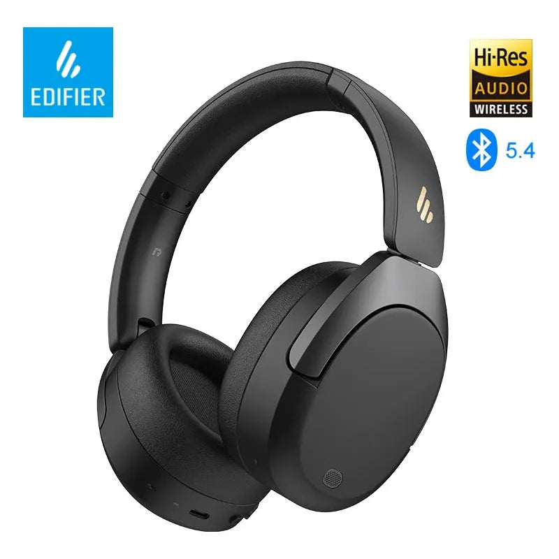 Sleek black Edifier W830NB wireless over-ear headphones feature Bluetooth 5.4, LDAC, Hi-Res Audio Wireless, and -45dB active noise cancelling for enhanced sound quality, with logos highlighted in the top corners.