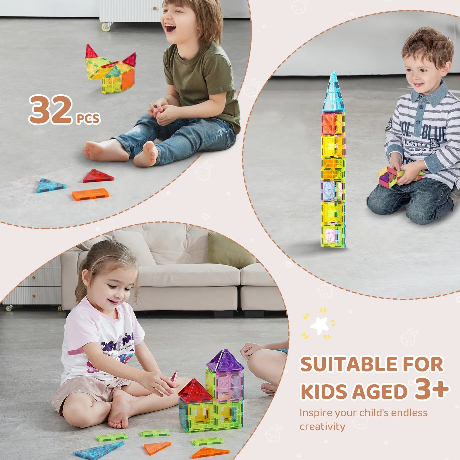 Kids enjoy constructing with VEVOR 32PCS Colorful Magnetic Building Tiles. On the left, a boy builds a cat, while another constructs a tall tower on the right. Below, a girl smiles as she creates a house. This STEM toy is made of durable plastic and is suitable for kids aged 3+.