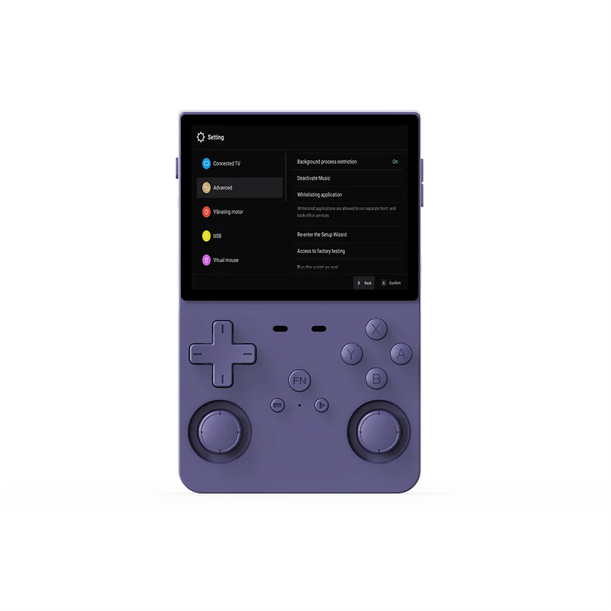 The L35 Retro Handheld Open Source Emulator features a purple design, settings display, physical D-pad, dual joysticks, multiple buttons, and supports 10,000 classic games.