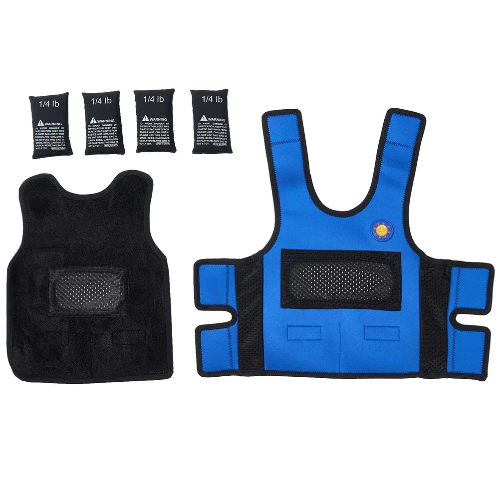 Two Breathable Adjustable Weight Vests for Kids are shown: a smaller black vest on the left and a larger blue one on the right, each featuring mesh pockets. Above them, five labeled 1/4 lb weight bags provide stress relief and emotional comfort during workouts.