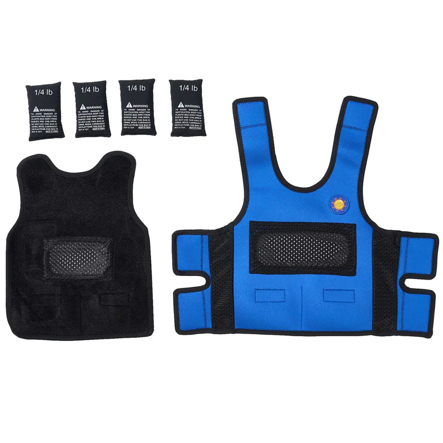 Two Breathable Adjustable Weight Vests for Kids are shown: a smaller black vest on the left and a larger blue one on the right, each featuring mesh pockets. Above them, five labeled 1/4 lb weight bags provide stress relief and emotional comfort during workouts.