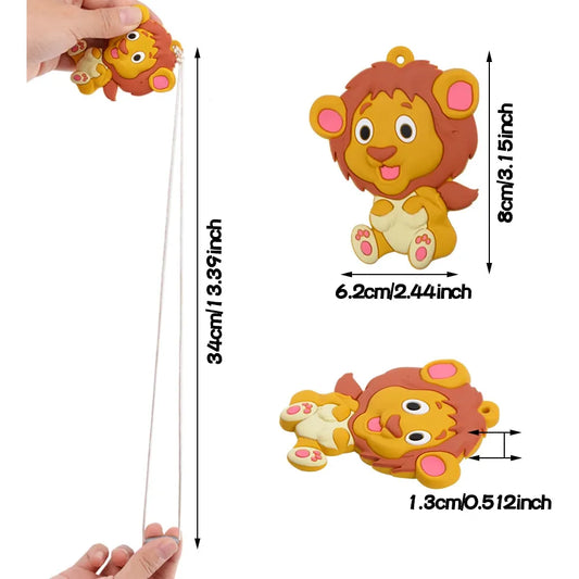 A hand stretches a Silicone Chewable Necklace, resembling a rubber toy lion with a mane and smile. Hanging on a string, its shown standing and lying down. Dimensions: 34cm length, 8cm height, 6.2cm width, and 1.3cm thickness. Ideal for oral motor therapy activities in autism and ADHD support.