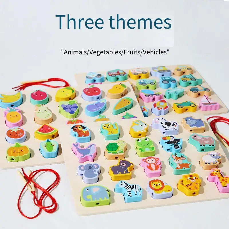 The New Children Wooden Toys set includes a wooden board with colorful shapes of animals, vegetables, fruits, and vehicles like a banana, carrot, and cow for imaginative play. Includes red strings for threading. Ideal educational toy with themes: Animals/Vegetables/Fruits/Vehicles.