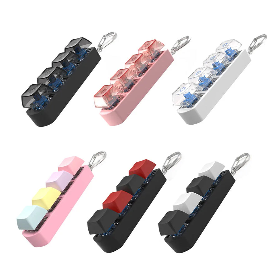 The 4Keys Finger Button Anti Stress Toy is a keychain with 3 Mechanical Keyboard Keycaps in black, pink, or white bases. Portable and perfect for office decompression and on-the-go stress relief—ideal calming gift for kids and adults.