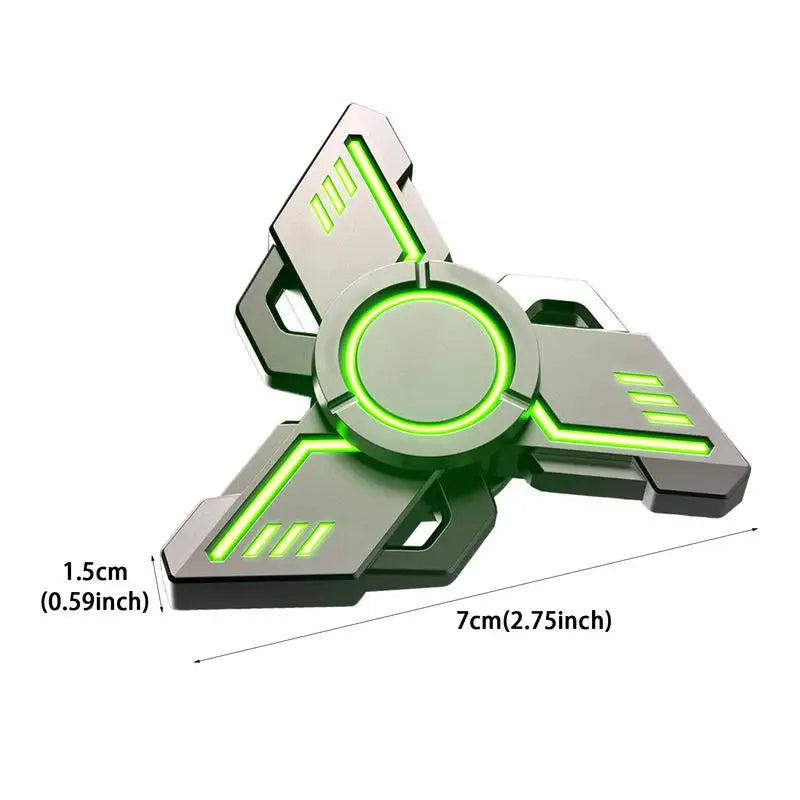 The Spinner Gyroscope Toy, a triangular metal fidget spinner with neon green accents, is perfect for enhancing focus. This compact and stylish toy measures 1.5 cm (0.59 inches) thick and 7 cm (2.75 inches) in diameter, ideal for those who love portable collectible gyro toys.