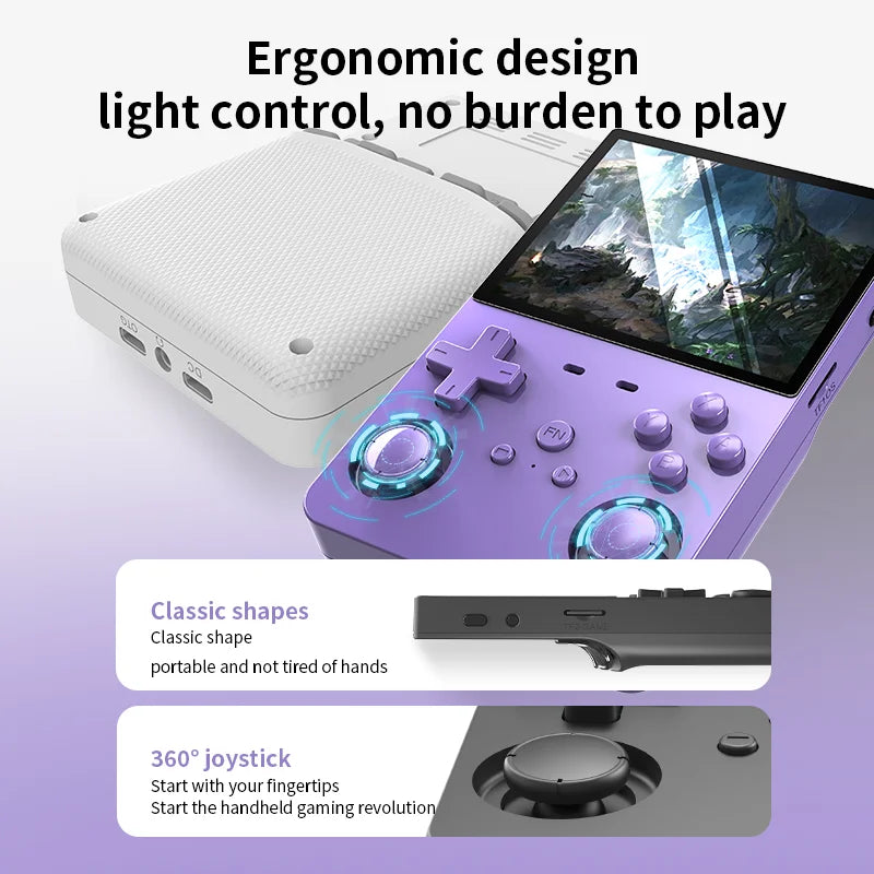 Promotional image of the L35 Retro Handheld Open Source Emulator in white and purple, featuring an ergonomic design, light control, classic shapes, portability, and a 360° joystick for easy, comfortable gaming with 10,000 classic games.