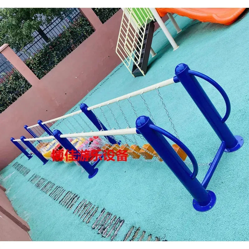 The vibrant playground features a blue balance beam with chains on a turquoise surface, an orange slide, and a lime green ladder for kids aged 3-8. This unisex metal setup from outdoor toys offers adventurous fun with swings, climbing nets, swinging bridges, and sensory integration equipment.