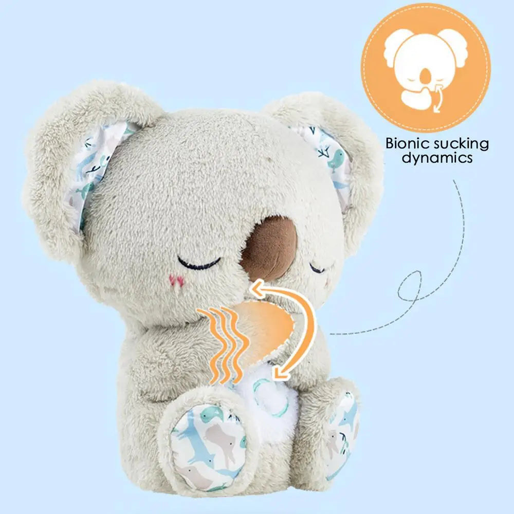The Koala Night Light Plush Toy features a cuddly koala with closed eyes on a light blue backdrop. An orange graphic highlights Bionic sucking dynamics pointing to its mouth, showcasing comfort for children. Patterned ears and feet make it perfect for bedtime snuggles, aiding newborns sleep.