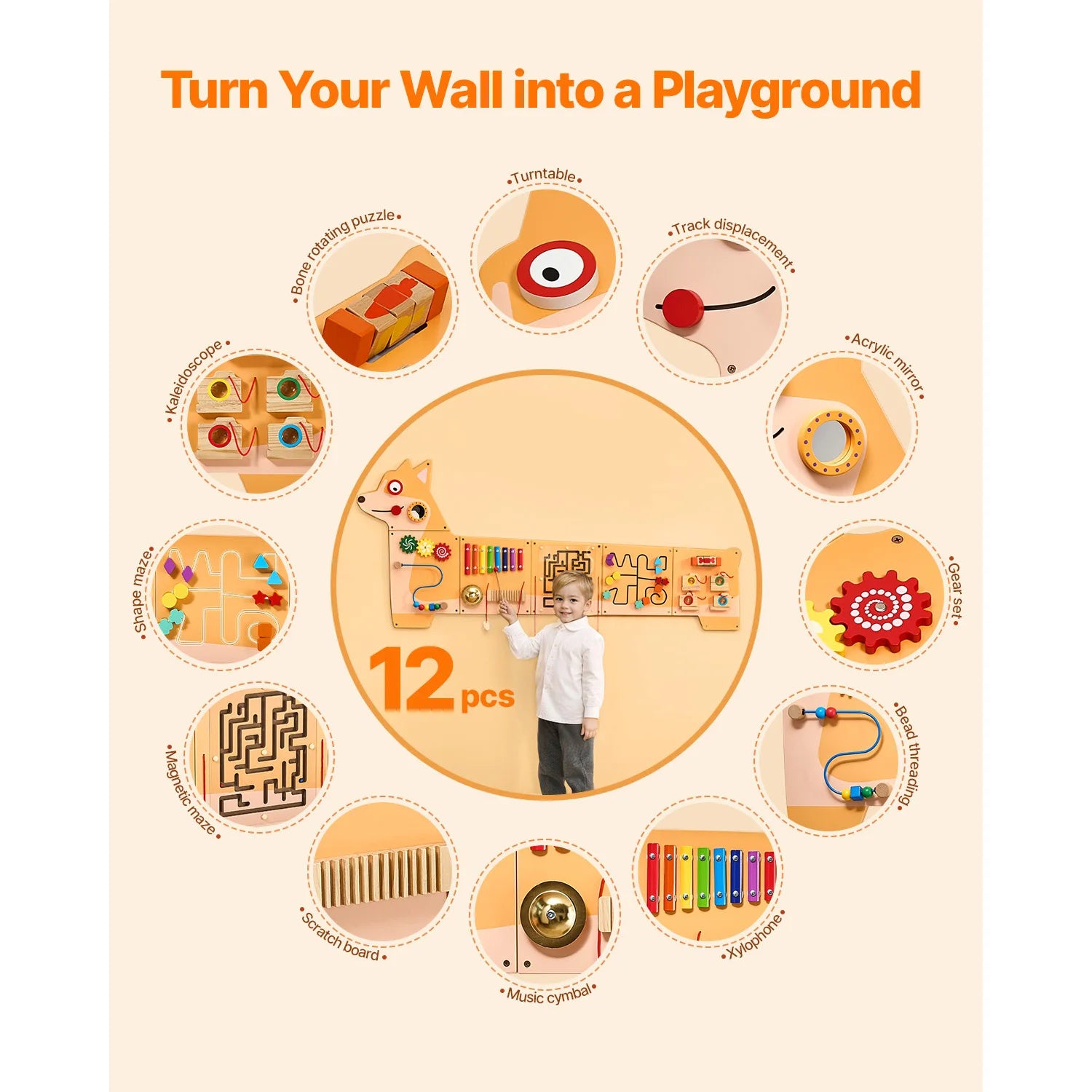 A young child stands by the Vevor Puppy Kids Wall Busy Panels—a Montessori sensory learning activity center with 12 engaging activities. Text reads: “Turn Your Wall into a Playground.”.