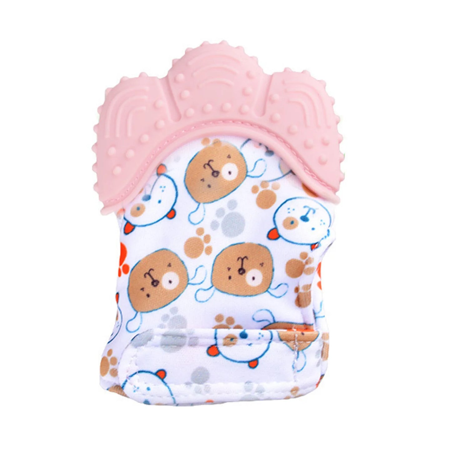 The Baby Silicone Mitts Teething Mitten Cartoon Shaped Glove Soft Teether has a pink, bear paw-textured silicone top with a safe fabric featuring cartoon bear faces in brown and blue, plus matching paw prints, all on a white background.