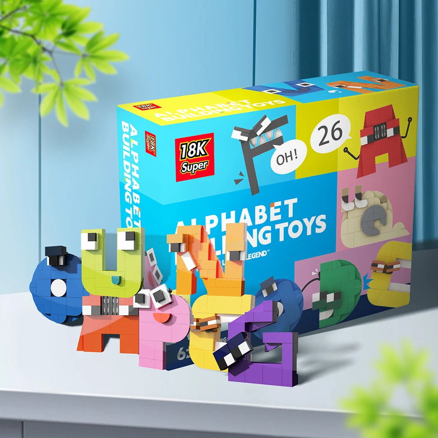 Gobricks MOC Letters Lore A-Z English Alphabet Building Blocks Set is arranged on a table, each block featuring illustrated letters with cartoon eyes and expressions, making it a fun and educational toy for children.