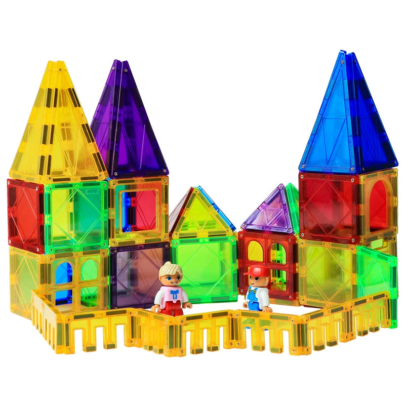 A vibrant castle built from Magplayer Magnetic Construction Blocks, showcasing yellow, purple, red, green, and blue hues. Its translucent design with towers and arches includes two toy figures and a yellow fence—ideal for sparking STEM learning and creativity.