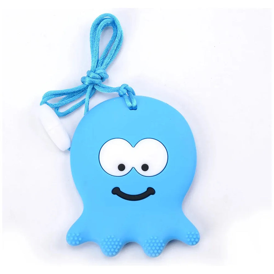 The Silicone Chewable Necklace for Kids is a blue octopus-shaped sensory teether pendant designed for autism and ADHD therapeutic use. It features a smiling face, big eyes, a textured bottom for chewing, and includes a blue cord with a white clasp for easy hanging or holding.