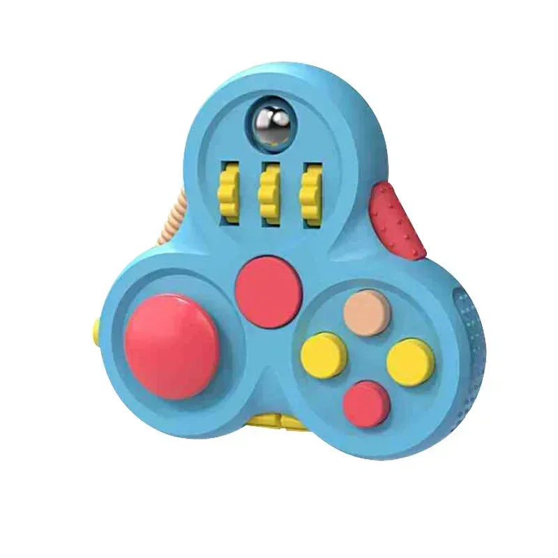 The blue Rotating Magic Bean Fidget Toy by Hairun, for kids 3-6Y, has buttons, gears, a spinning ball, and textured red, yellow, and beige surfaces for sensory stimulation and stress relief. Ideal for autism and ADHD support.