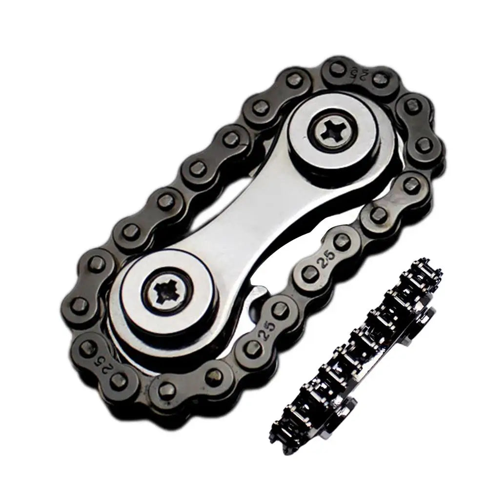 The Sprockets Flywheel Fidget Spinner, a metallic bike chain keychain with intricate details and a central link, is displayed against a white background—ideal for dropshipping enthusiasts seeking unique fashion accessories.