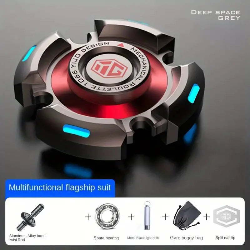 A Gray Flagship Suit Fidget Spinner for Adults and Kids is shown with luminous accents. Icons show kit contents: hand twist rod, spare bearing, black light bulb, buggy bag, and split nail tip. Ideal for stress relief and anxiety relief.