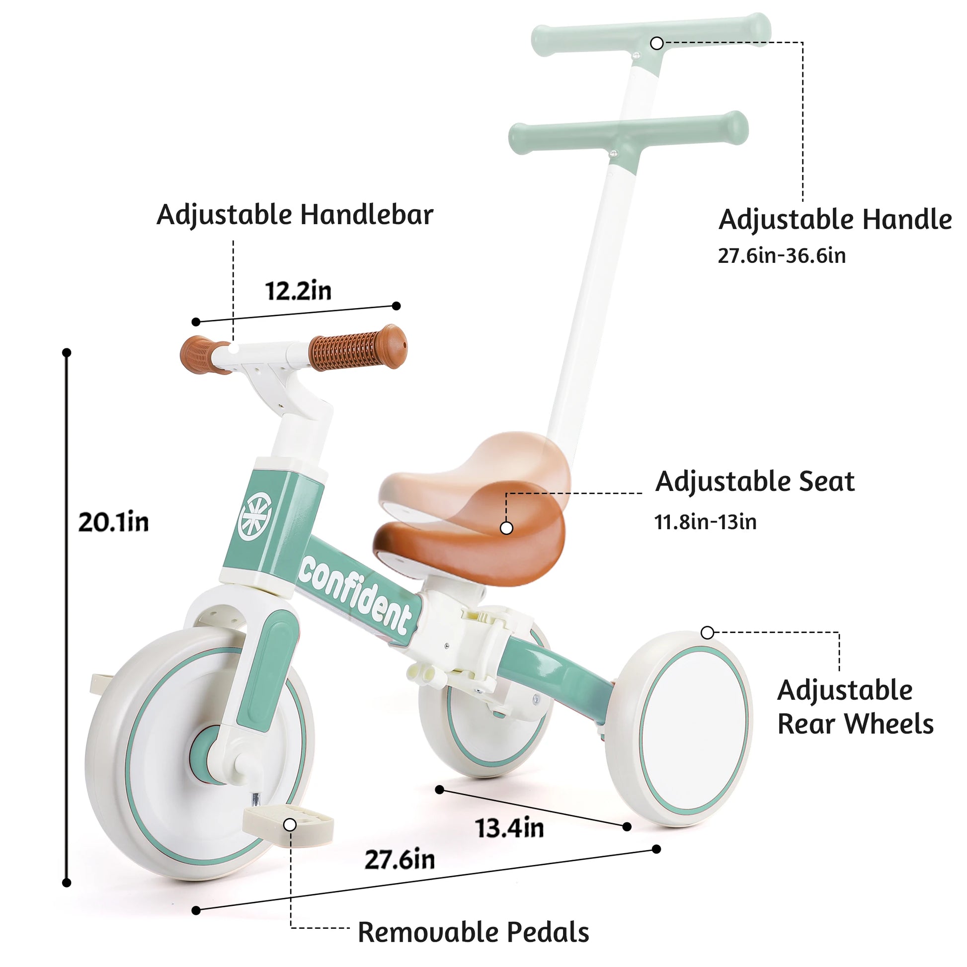 The Baby Balance Bike for Kids 1 to 3 Years Old Toddler Trike features a green and white design, adjustable handlebar and seat, rear wheels, removable pedals, and measures 27.6 L x 20.1 H x 12.2 W—ideal for your child’s first ride.